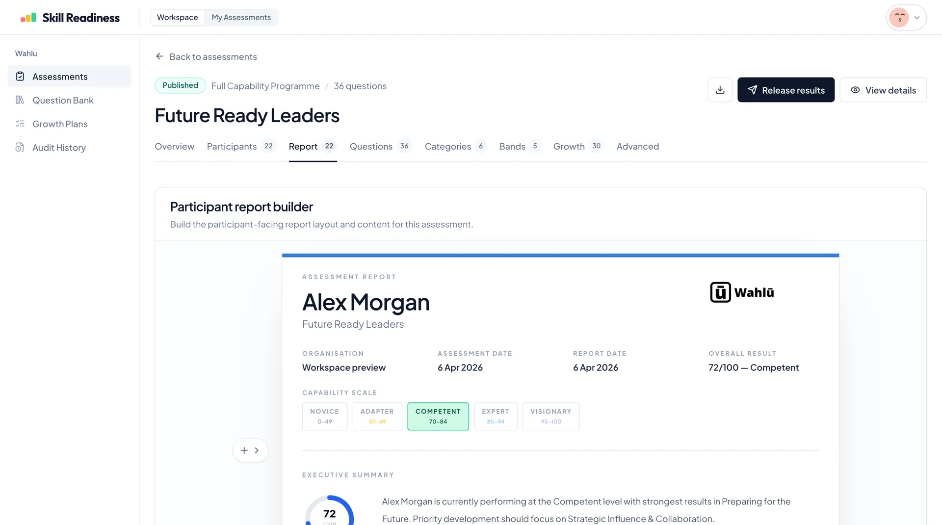 Participant report builder view showing a configurable assessment report preview.
