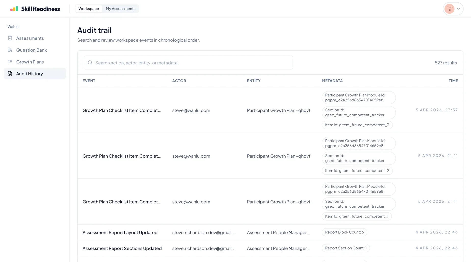 Audit trail view showing a searchable log of workspace activity and metadata.