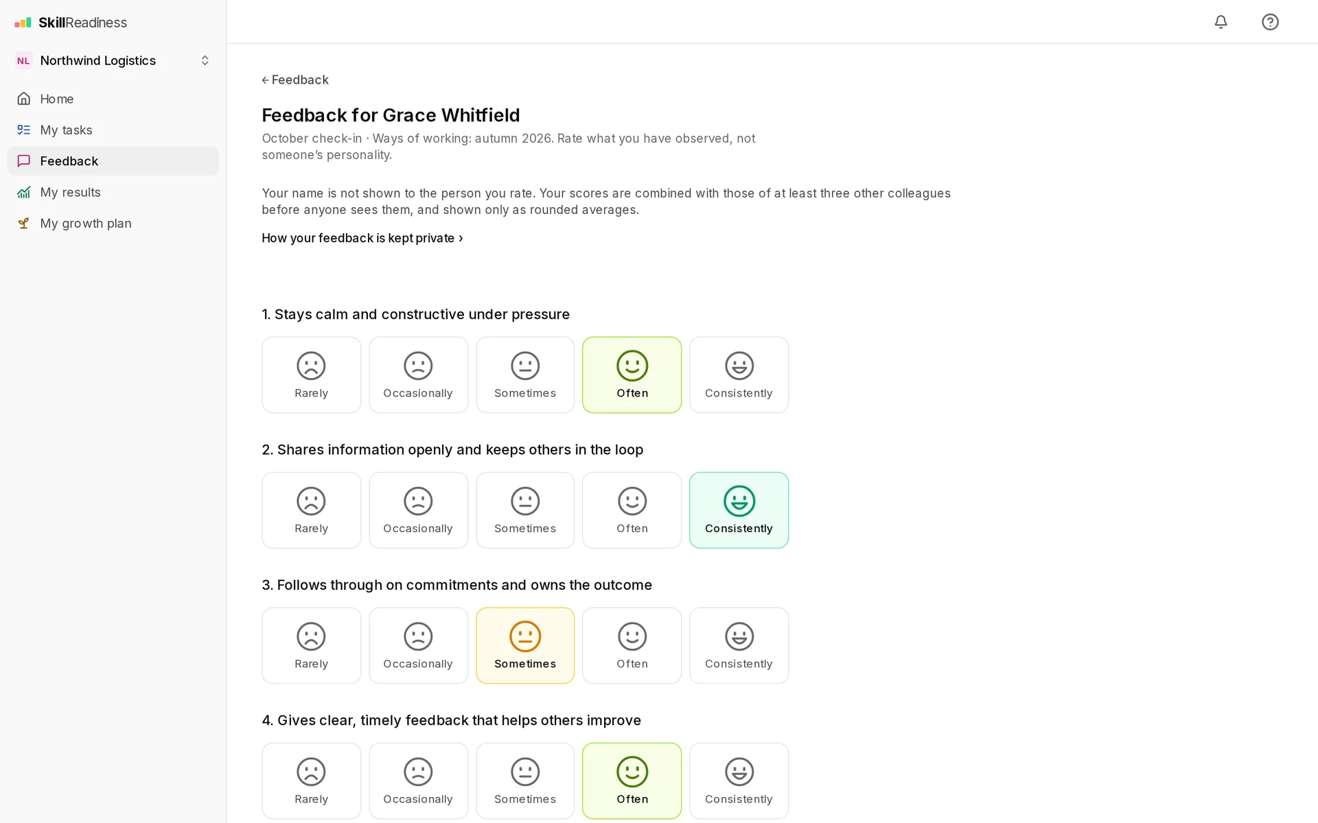 Behaviour feedback form at a fictional organisation, Northwind Logistics, where a colleague rates how often they see four everyday behaviours, from rarely to consistently