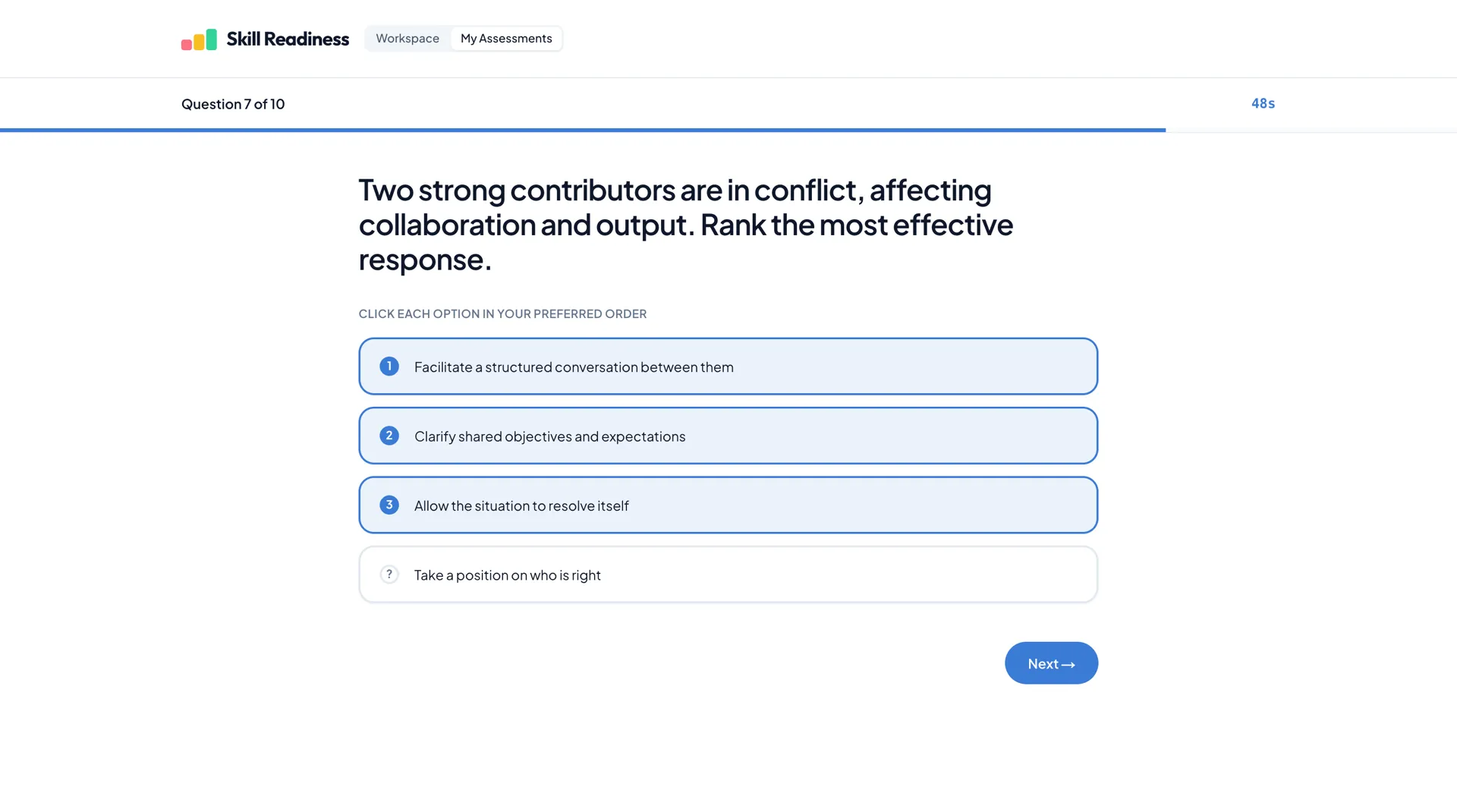 People Manager Behaviour Assessments assessment interface