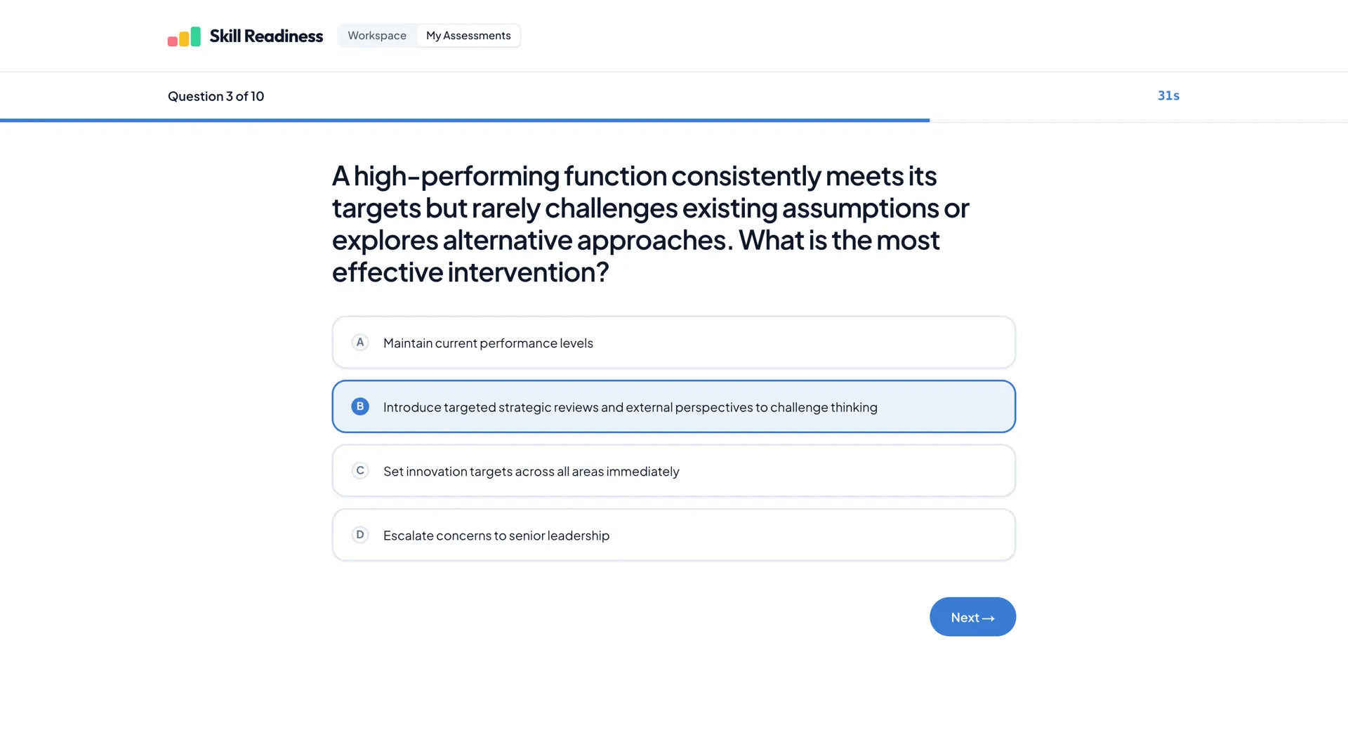 Assessment quiz question interface