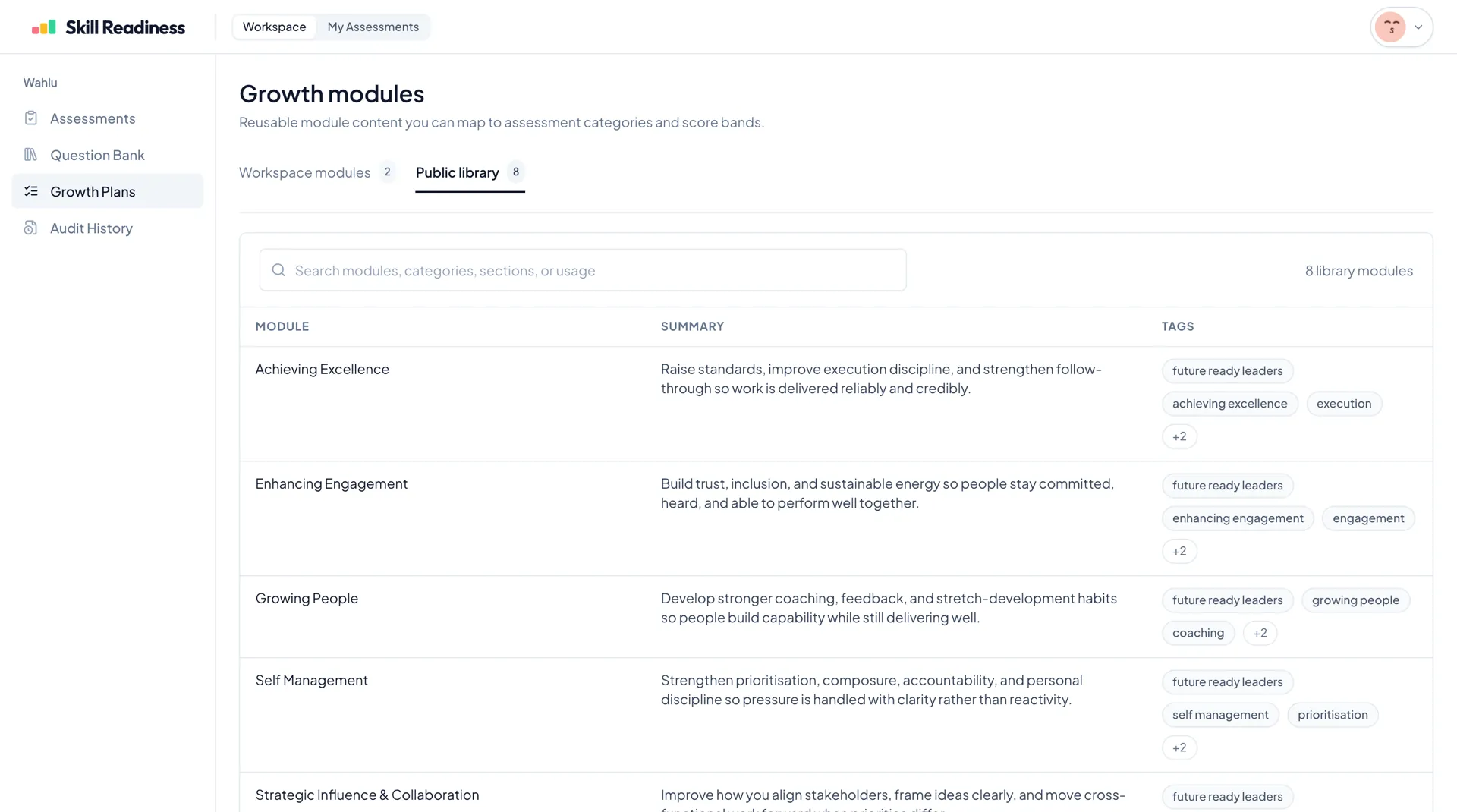 Growth module library showing reusable development modules with summaries and tags.