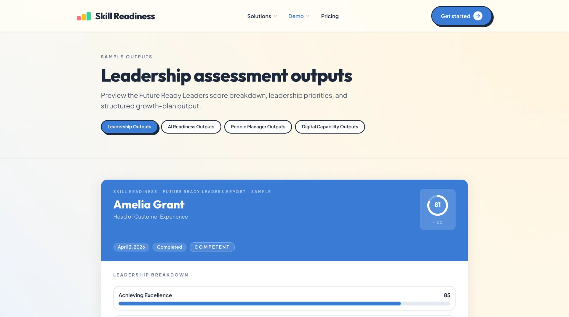 Sample assessment report showing scores and capability breakdown