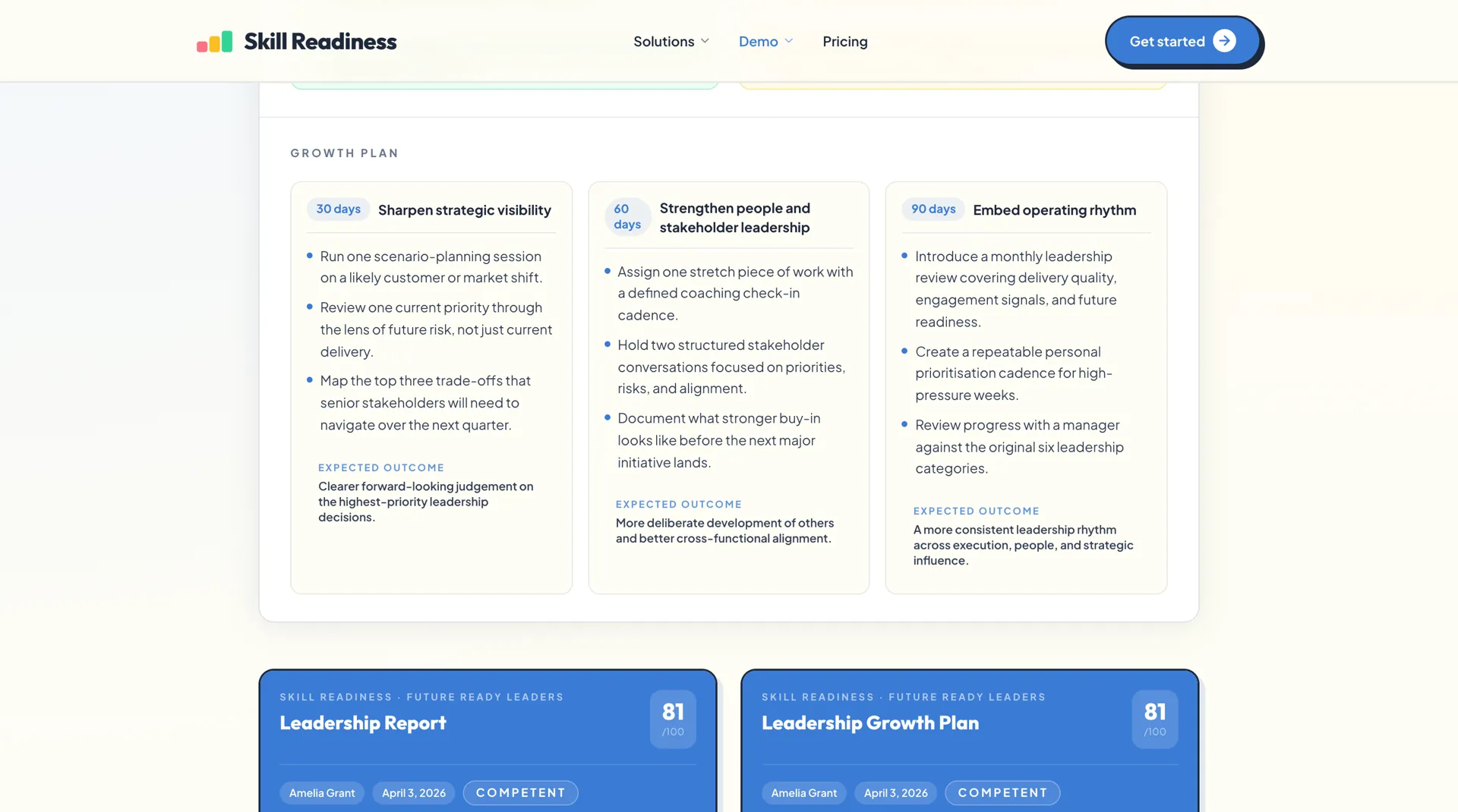 Sample growth plan showing configurable development actions and review checkpoints