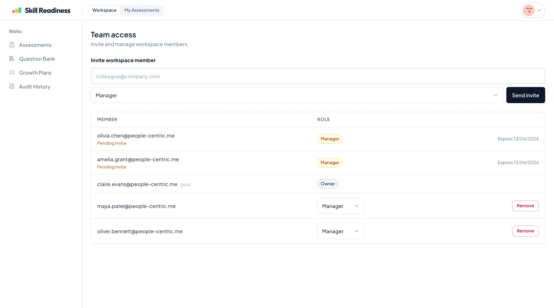 Team access screen showing pending invites, workspace roles, and member management controls.